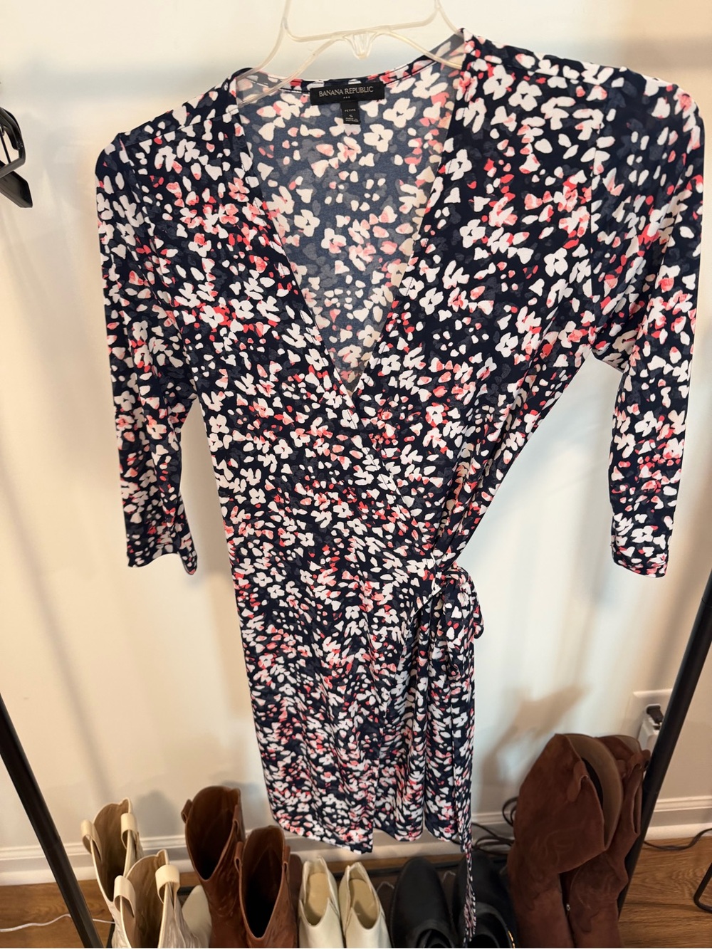 Banana Republic Navy Floral Wrap Dress with Coral & White Accents